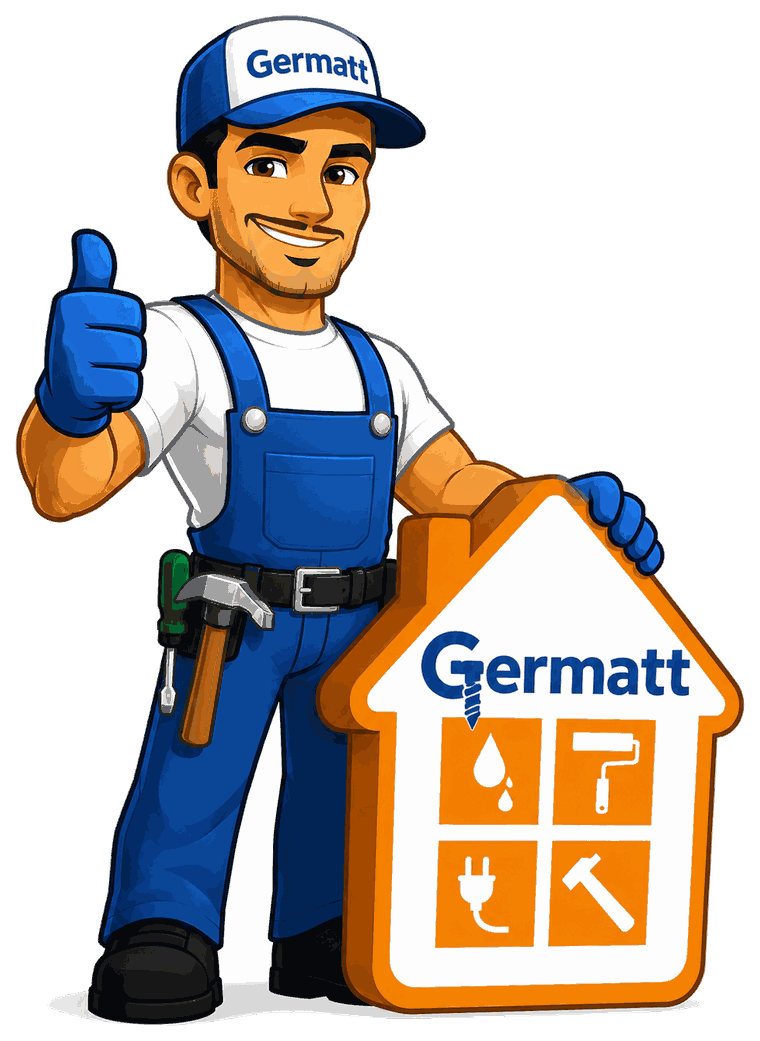 Germatt handyman mascot giving a thumbs up, holding a house-shaped sign with service icons